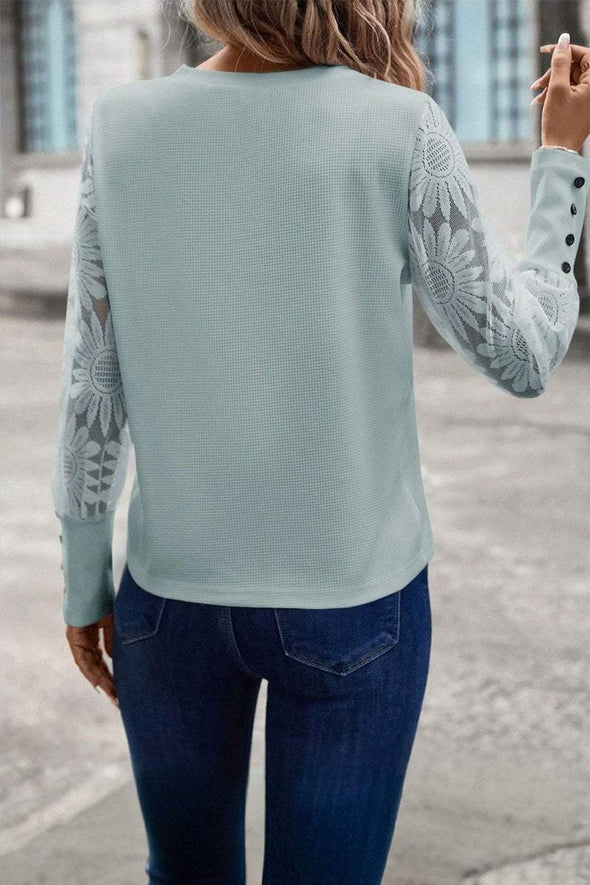 Women's Round Neck Knitted Lace Sleeve Patchwork Top