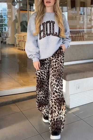 Women's Leopard Print Round Neck Long Sleeve Pullover Sweatshirt Two Piece Set