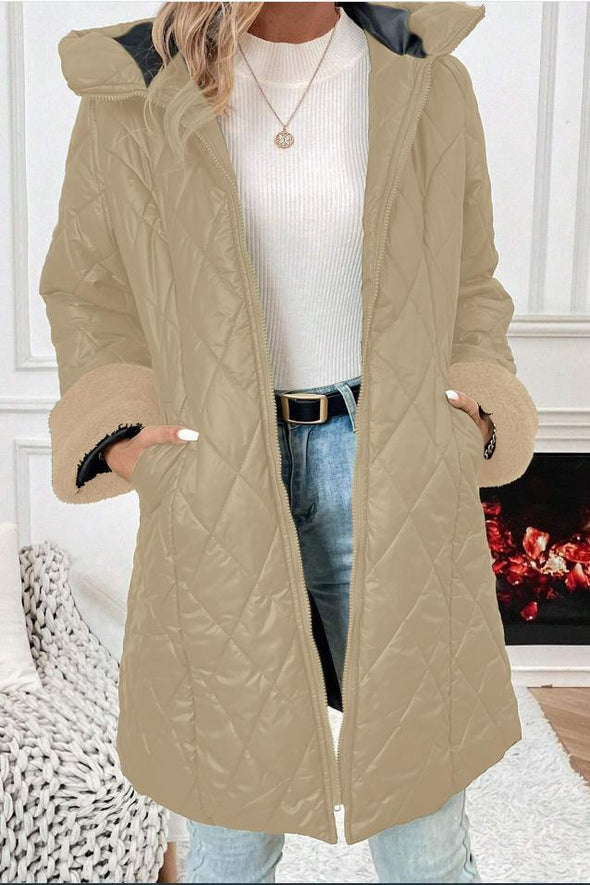 Ladies Casual Solid Color Warm Hooded Cotton Coat