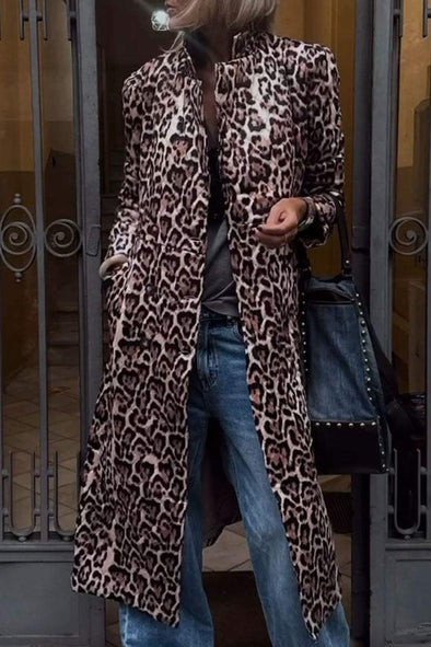 Women's Leopard Print High Collar Long Sleeve Trench Coat