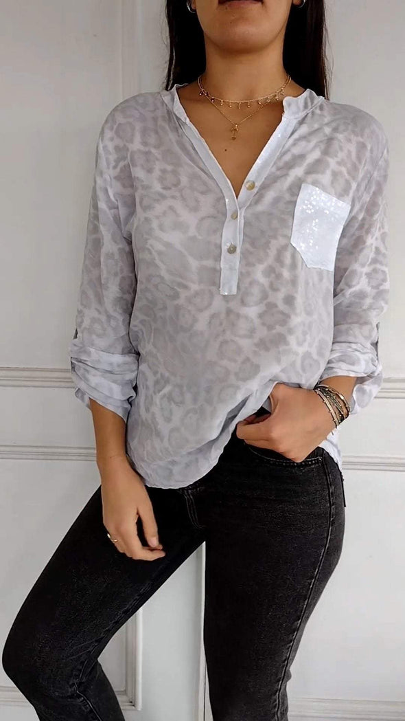 Women's V-neck Long-sleeved Leopard Print Top