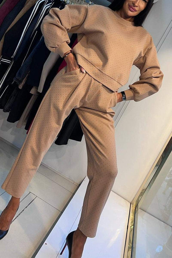 Women's Casual Round-neck Shiny Two-piece Suit