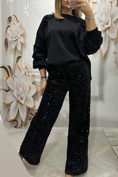 Women's Round Neck Sequined Sweatshirt and Trousers Two-piece Set