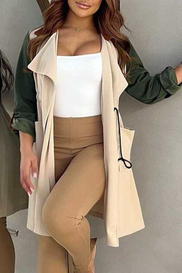 Women's Lapel Mid-length Sleeve Casual Contrast Color Coat