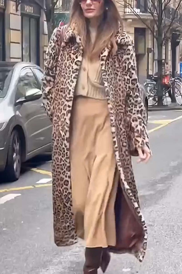 Women's fashionable leopard print fur lapel long coat