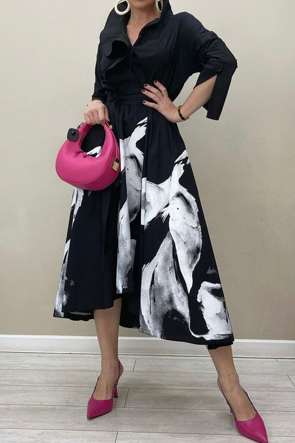 Women's Irregular Collar Abstract Ink Print Dress