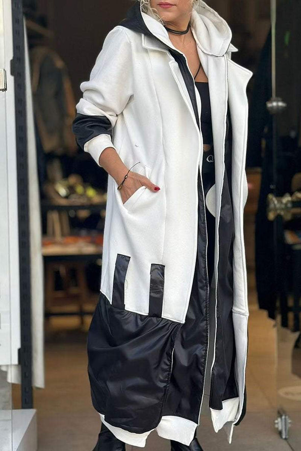 Women's Hooded Long-sleeved Patchwork Trench Coat