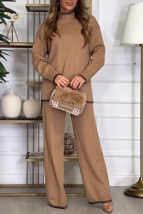 Women's Turtleneck Knitted Top and Trousers Two-piece Set