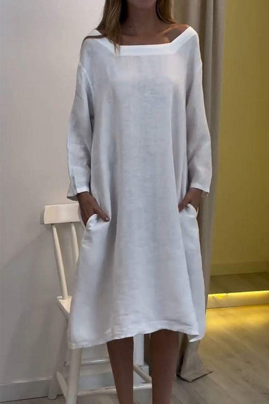 Women's Casual Solid Color Cotton Linen Long Sleeve Dress