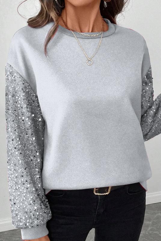 Ladies Casual Sleeve Sequin Patchwork Sweatshirt