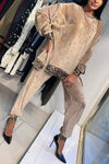 Women's Casual Round-neck Shiny Suede Two-piece Suit