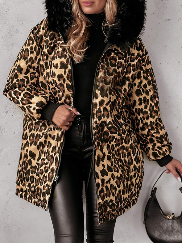 Women's Leopard Print Hooded Reversible Coat