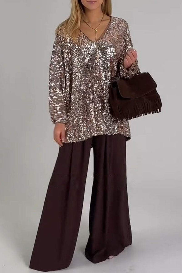 Women's V-neck Sequined Top and Trousers Set