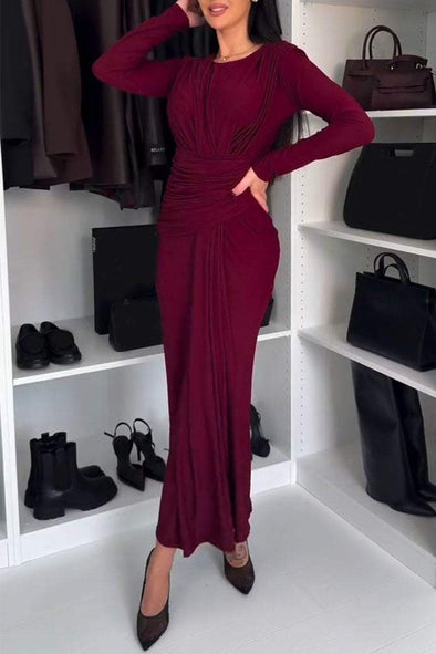 Women's Round Neck Long Sleeve Waist Dress