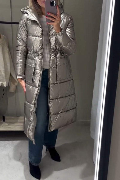 Women's Metallic Silver Hooded Long Coat