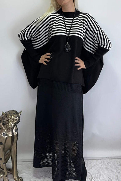 Women's casual striped patchwork bat sleeve sweater skirt suit