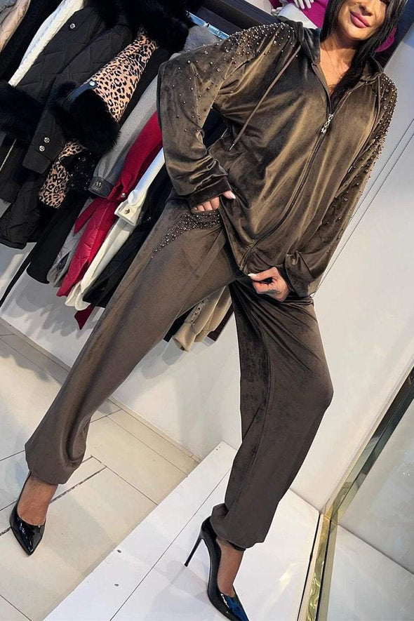 Women's Casual Hooded Shiny Suede Two-piece Suit