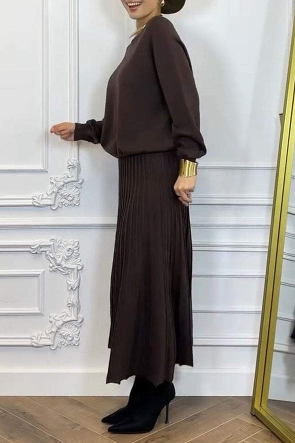 Women's Round Neck Long Sleeve Sweater and Skirt Two Piece Suit