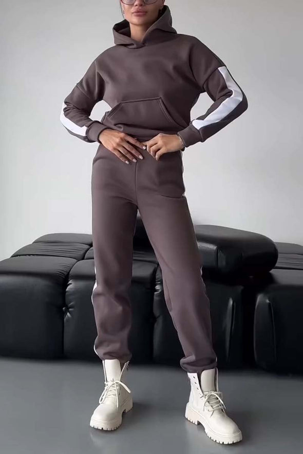 Women's casual sports side contrast hooded sweatshirt set