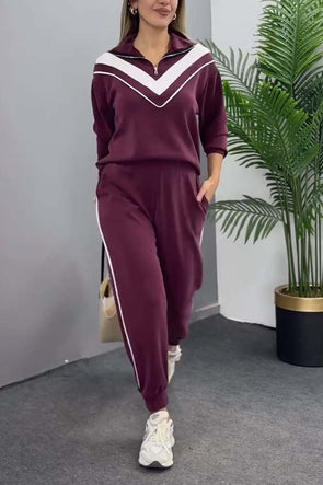 Women's Casual Contrast Color Stand Collar Half-Zip Sports Suit