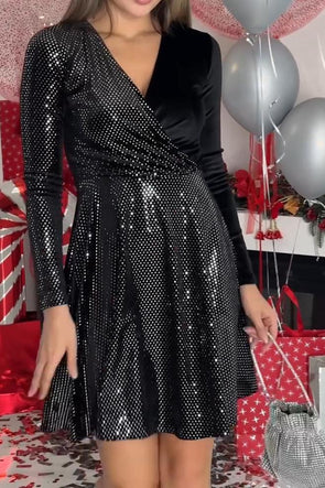 Women's V-neck Sequined Patchwork Wrap Dress