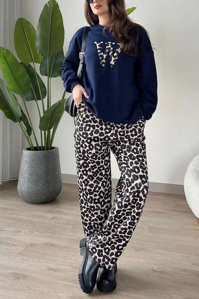 Women's Casual Leopard Print Letter Top and Leopard Print Pants Set