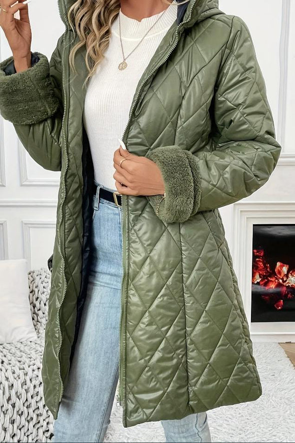 Ladies Casual Solid Color Warm Hooded Cotton Coat