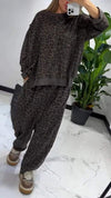 Women's Leopard Print Crew Neck Top and Trousers Set