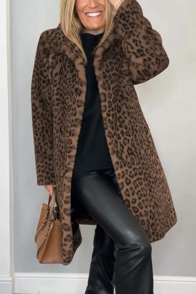 Women's Fashionable Leopard Lapel Faux Fur Winter Mid-Length Coat