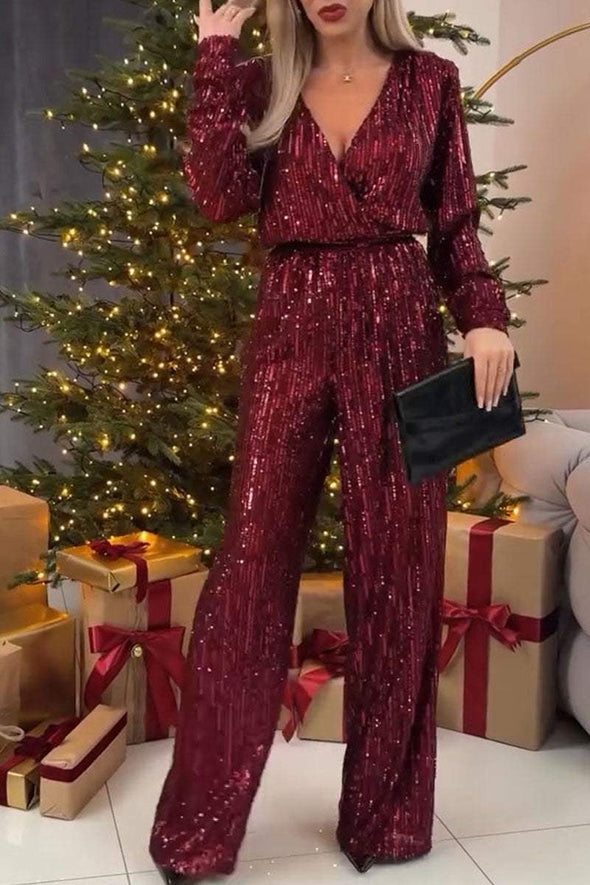 Women's V-neck Sequined Two-piece Suit