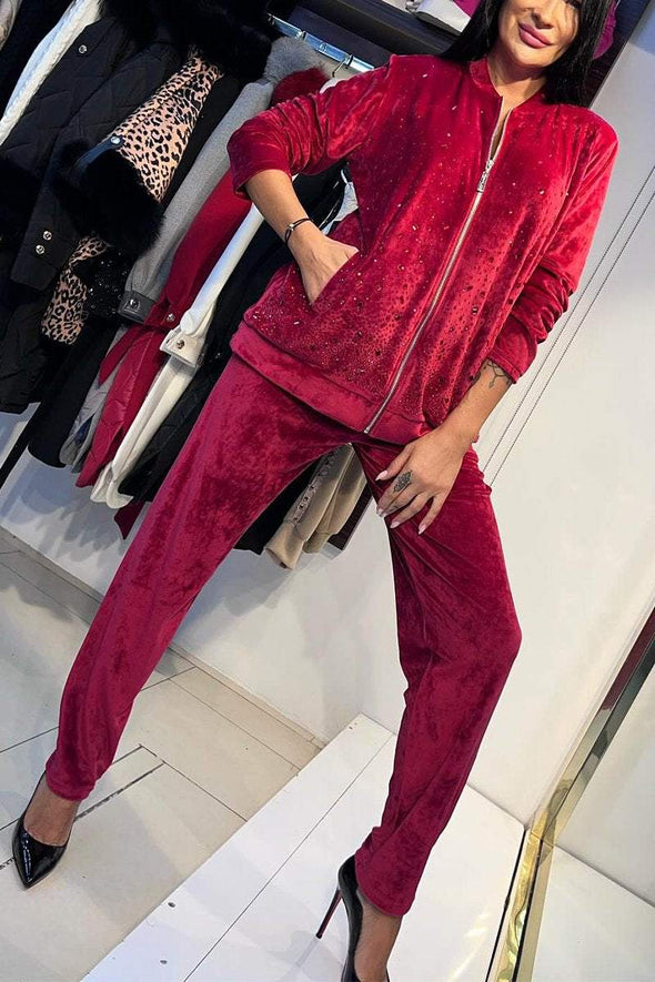 Women's Casual Round-neck Shiny Suede Two-piece Suit