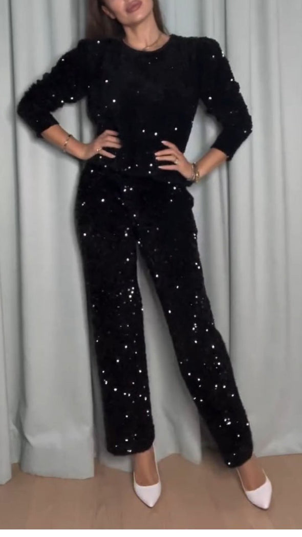 Women's Round Neck Sequined Top and Trousers Set