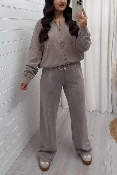 Women's Round Neck Zipper Long Sleeve Two-piece Suit