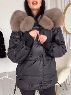 Women's Solid Color Fur Collar Hooded Coat