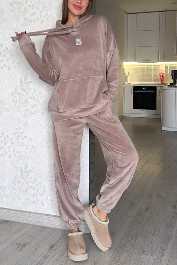 Women's Casual Hooded Suede Two-piece Suit