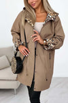 Women's casual leopard print patchwork hooded mid-length windbreaker