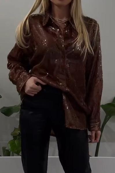 Women's Casual Solid Color V-neck Sequined Shirt