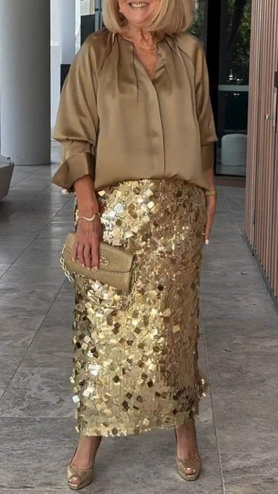 Women's Long-sleeved Shirt and Sequined Skirt Two-piece Set