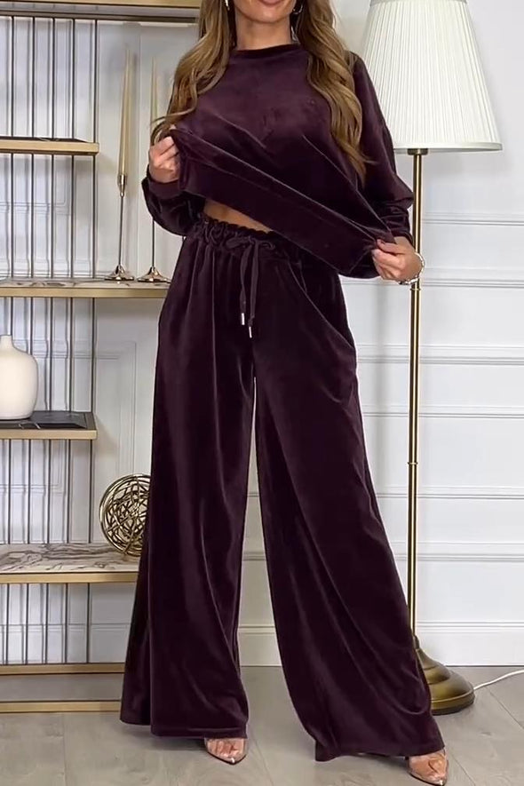 Women's Casual Solid Color Velvet Round Neck Slit Hem Suit