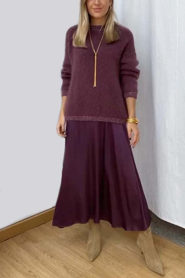 Women's knitted long sleeve top and satin skirt set