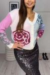 Women's V-Neck Contrast Rose Sequin Cardigan