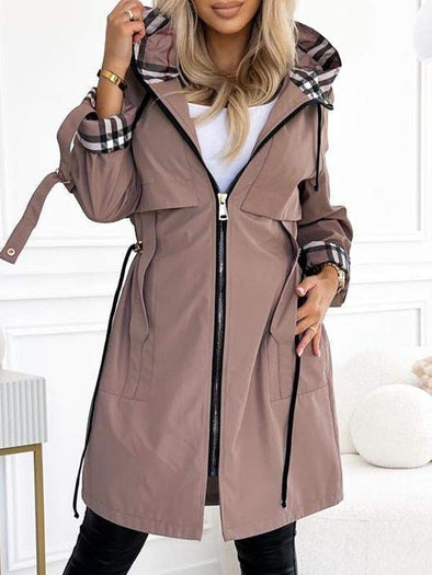 Women's Hooded Zipper Drawstring Plaid Print Casual Long Coat