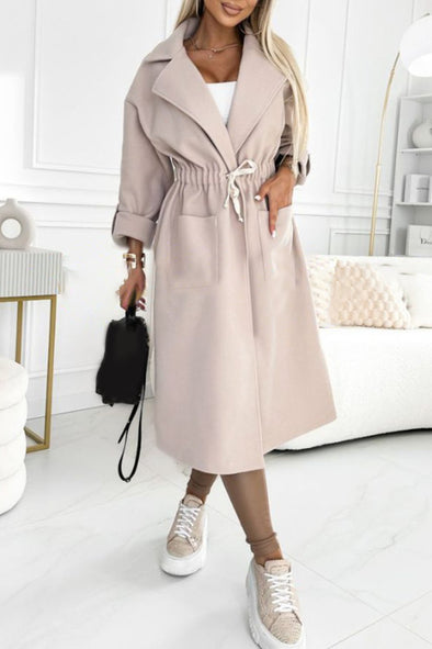 Women's Solid Color Large Lapel Waist Long Coat