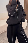 Women's simple casual stripe zipper sweatshirt set