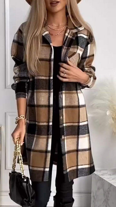 Women's Lapel Plaid Button Coat