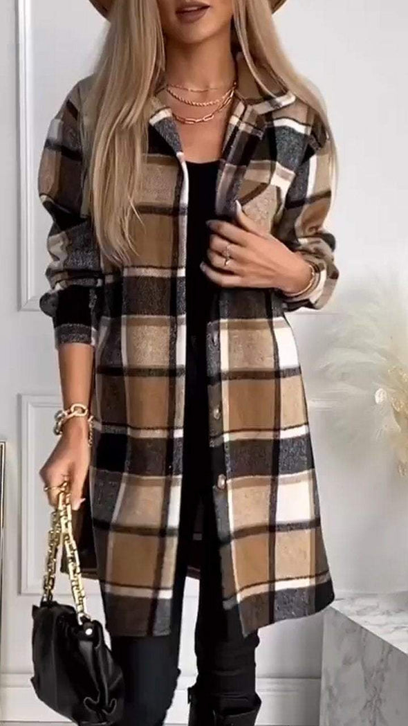 Women's Lapel Plaid Button Coat