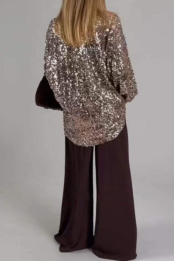 Women's V-neck Sequined Top and Trousers Set