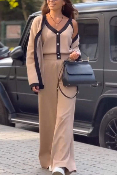 Women's Casual V-neck Single-breasted Long-sleeved Three-piece Suit