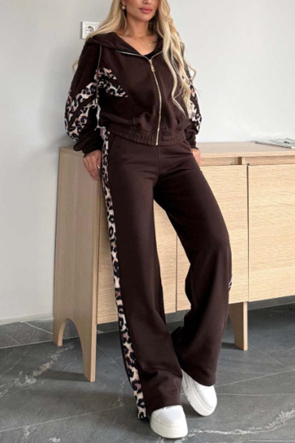 Women's casual leopard print patchwork sports suit