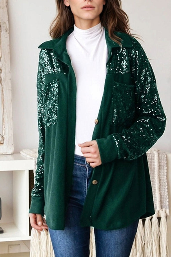 Women's Casual Solid Color Sequined Patchwork Shirt